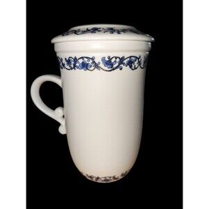 Teavana Tea Cup Mug WITH Lid & Infuser Blue  White Gold 12 oz